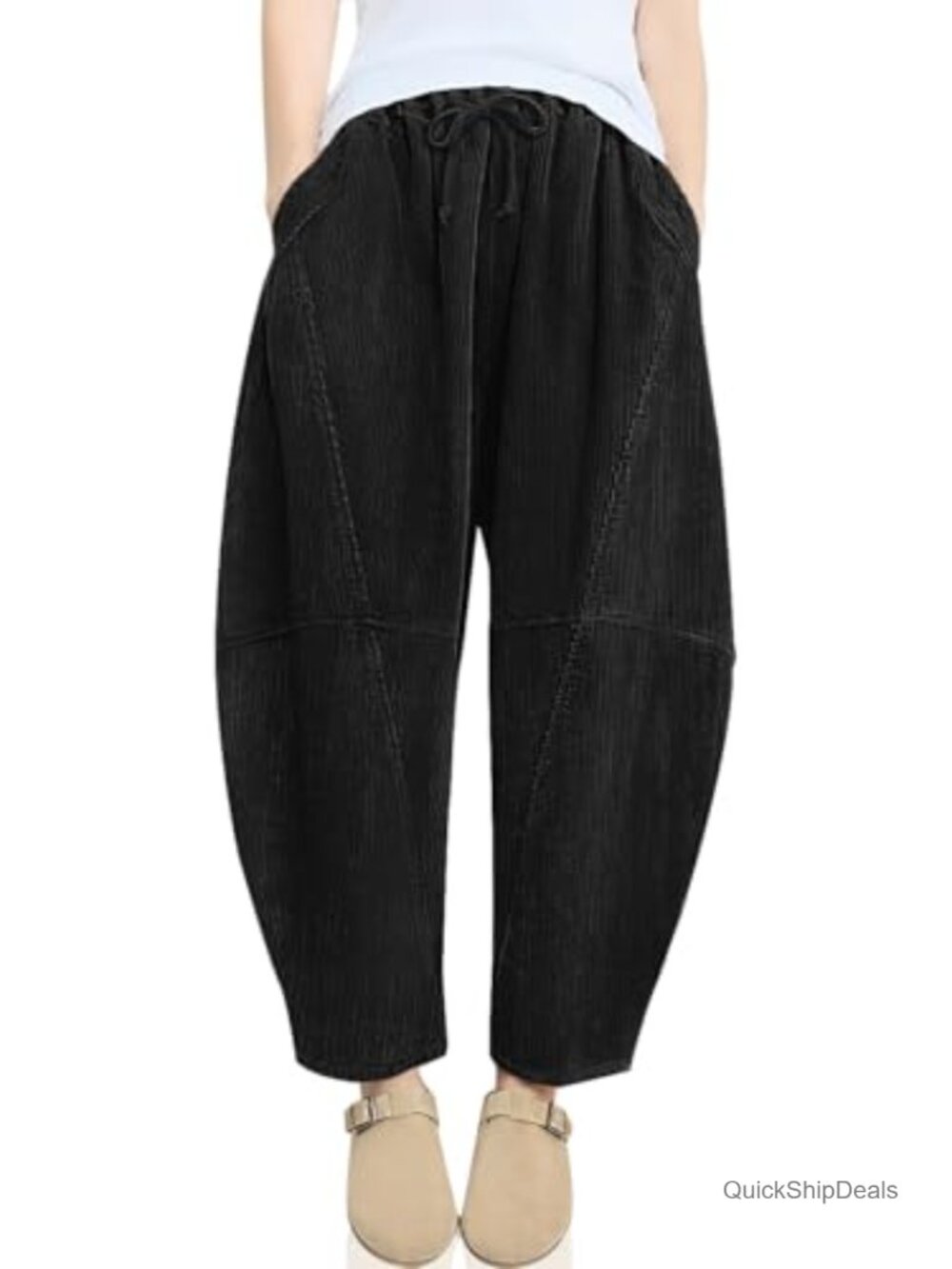 Women's Corduroy Baggy Harem Pants Elastic Waist Loose Fit Casual
